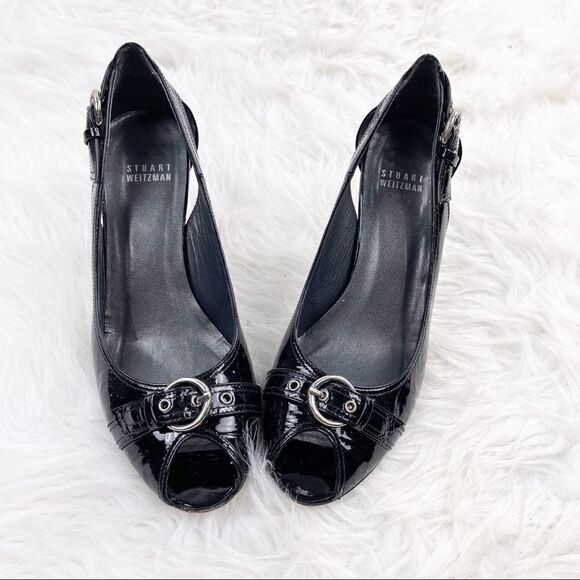 Stuart Weitzman Patent Leather Slingback Peep Toe Heels - Picture 1 of 8